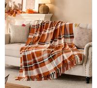 Lanpn Rust Plaid Throw Blanket, Cozy Soft Fall Fringe Blankets for Couch Sofa Bed, Lightweight Orange Checkered Throws Acrylic Cashmere Like Shawl, Autumn Thanksgiving Home Decor Gift, 130x150