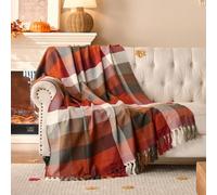 Lanpn Rust Plaid Throw Blanket, Cozy Soft Fall Fringe Blankets for Couch Sofa Bed, Lightweight Red Checkered Throws Acrylic Cashmere Like Shawl, Autumn Farmhouse Thanksgiving Home Decor Gift, 130x150