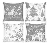 Lanpn White and Grey 40x40 Christmas Pillow Covers Set of 4, Decorative 40 cm Gray Winter Snowflake Throw Pillow Case Xmas Cushion Cover for Indoor House Sofa Grey