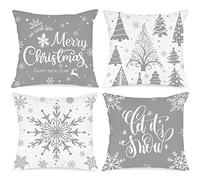 Lanpn White and Grey Christmas Cushion Covers 45x45 Set of 4, Decorative Gray Winter Snowflake Xmas Throw Covers Pillow Cases 18x18 for Home Bedroom Room Holiday Couch Decor Decorations