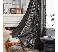 Lanqinglv 2 Panels Boho Windows Curtains Blackout,Black White Geometric Cotton Linen Curtain Drape with Tassel for Bedroom Living Room,Vintage Farmhouse Chic Cuartins with Rod Pocket,59" W x 78" L