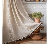 Lanqinglv Boho Blackout Curtains, Beige for Bedroom & Living Room, Cotton Linen with Macrame Tassels, 2 Panels Farmhouse Embroidery, 59" W x 102" L
