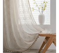 Lanqinglv Boho Semi-blind Curtains - Beige Window Drape for Bedroom & Living Room, Cotton Linen Flowers with Tassels, 2 Panels Farmhouse Embroidery Curtains with Rod Pocket, 59" W x 63" L