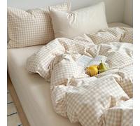Lanqinglv Double Duvet Cover Set Beige Checkered Gingham Bedding Set Double Bed,1 Duvet Cover Plaid 200x200 cm with Zipper Closure and 2 Pillowcases 50x75cm,Modern Bedding Set