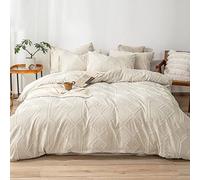 Lanqinglv Double Duvet Cover Set Beige Tufted Embroidery Shabby Chic Bedding Set Washed Microfiber Geometric Boho Style Quilt Cover with Zipper Closure and 2 Pillowcases 50x75cm