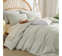 Lanqinglv Double Duvet Cover Set Green Striped Bedding Set Double Bed,1 Duvet Cover Double 200x200 cm with Zipper Closure and 2 Pillowcases 50x75cm,Modern Bedding Set