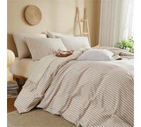 Lanqinglv Double Duvet Cover Set Khaki Striped Bedding Set Double Bed,1 Duvet Cover Double 200x200 cm with Zipper Closure and 2 Pillowcases 50x75cm,Modern Bedding Set Tannish