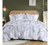 Lanqinglv Duvet Cover Set Single Grey White Floral Leaves Leaf Botanical Reversible Bedding Set Single Bed Soft Quilt Cover 135x200cm with Zipper Closure and 1 Pillowcase 50x75cm