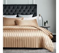 Lanqinglv Duvet Cover Set Super King Size Khaki Golden Stripes Satin Luxury Bedding Set Solid Color Shiny Silky Soft Reversible Quilt Cover 260x220 cm with 2 Pillowcases 50x75 cm