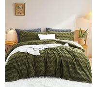 Lanqinglv Plush Bed Linen 135 x 200 cm Green Faux Fur Fluffy Winter Bed Linen Warm Cosy Flannel Fleece Wave Pattern Flannelette Duvet Cover with Zip and 1 Pillowcase 80 x 80 cm