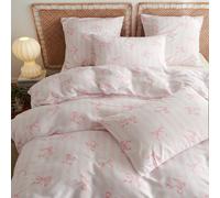 Lanqinglv Single Duvet Cover Bedding Set Bow Striped Printed, Super Soft Microfibre Single Duvet Set Cosy Stylish Pink Duvet Cover with Pillowcase, Birthday Gifts for Women Girls