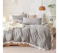 Lanqinglv Single Duvet Cover Set Grey White Ruffle Shabby Chic Bedding Set Washed Microfiber Quilt Duvet Cover Single with Zipper Closure and 1 Pillowcase 50x75cm