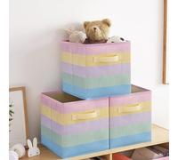 Lanrinwon 11 Inch Fabric Collapsible Storage Cubes,3 Pack Rainbow Colored Closet Storage Bins with Metal Handles Foldable Cube Baskets for Organizing Clothes, Toys, Books