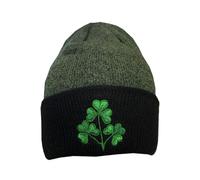 Lansdowne Knit Beanie Winter Hat Black/Green Turn Up with Embroidered Shamrocks Design
