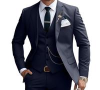Lanshion 3 Pieces Suits for Men, Men's 2 Button Slim Fit Suit Set Notched Lapel Solid Blazers Vest Pants Set, Navy Blue, L