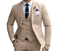 Lanshion 3 Pieces Suits for Men, Men's 2 Button Slim Fit Suit Set Notched Lapel Solid Blazers Vest Pants Set, Champagne, XL