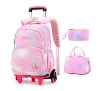 LANSHIYA Dream Princess Wind Rolling Backpack for Girls Wheeled Travel Bag Trolley School Bag, 3 Pcs Pink-6 Wheels, 3 Pcs 6 wheels, Modern