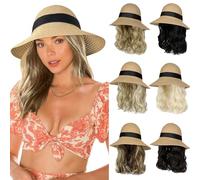 Lansigreen Sun Hat with Hair Extensions Hat Wig UPF 50+ Foldable Wide Brim Straw Beach Hat Attached 9" Wavy Hairpiece Synthetic for Women Summer Light Brown Mix Ash Blonde