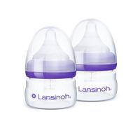 Lansinoh Anti-Colic Baby Bottles for Breastfeeding Babies, 2 Ounces, 2 Count, with 2 Extra Slow Newborn Flow Nipples, Size XS
