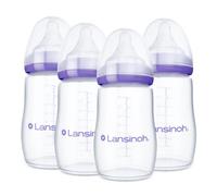 Lansinoh Anti-Colic Baby Bottles for Breastfeeding Babies, 8 Ounces, 4 Count, Includes 4 Medium Flow Nipples, Size M