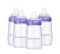 Lansinoh Anti-Colic Baby Bottles for Breastfeeding Babies, 8 Ounces, 4 Count, Includes 4 Medium Flow Nipples, Size M