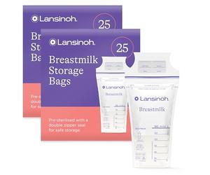 Lansinoh Breast Milk Storage Bags Breastmilk Pouches for fridge or freezer use, store flat or standing, BPA and BPS free, pre-sterilised, double zipper seal, Pack of 50, Packaging may vary