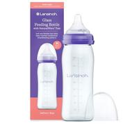 Lansinoh Glass Baby Bottle with NaturalWave Teat (240 ml), Anti-colic, Premium heat & thermal shock-resistant glass, Medium Flow soft & flexible silicone teat, teats are BPA & BPS free, purple