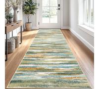 Lansny Modern Abstract Runner Rug 2.6x10, Green Mustard Multi Washable Long Kitchen Runner Non-Slip Soft Hallway Rug Runner Thin Print Faux Wool Carpet for Entryway Bedroom Laundry Room Indoor