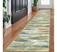 Lansny Modern Abstract Runner Rug 2x10, Green Mustard Multi Washable Long Kitchen Runner Non-Slip Soft Hallway Rug Runner Thin Print Faux Wool Carpet for Entryway Bedroom Laundry Room Indoor