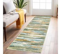 Lansny Modern Abstract Runner Rug 2x6, Green Mustard Multi Washable Kitchen Runner Non-Slip Soft Hallway Rug Runner Thin Print Faux Wool Carpet for Entryway Bedroom Laundry Room Indoor Home Decor