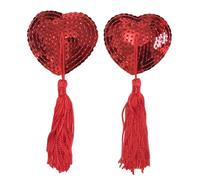 Lansonee 1 Pair Reusable Nipple Stickers - Heart-Shaped Adhesive Pasties with Sequins and Tassels, Red Party Accessories for Women