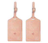Lansonee 2 Pcs Red Leather Luggage Tags, Vintage ID Name Address Labels with Adjustable Strap, Privacy Cover Suitcase Tags for Travel, Business & Vacation-Pink