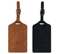 Lansonee 2 Pcs Red Leather Luggage Tags, Vintage ID Name Address Labels with Adjustable Strap, Privacy Cover Suitcase Tags for Travel, Business & Vacation-Black+Brown