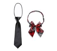 Lansonee 2 Piece Children's Tie Set, Elastic Stretchable Satin Necktie & Bow Tie, Formal Suit Accessories for Boys, Wedding, Graduation, Party & Celebration-Red and Black Grid