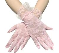 Lansonee A Pair of Short Lace Gloves, Rose Lace Design Ladies Wedding Dinner Gloves Wedding Party-Pink
