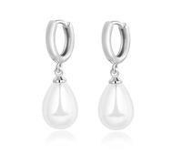Lansora Pearl Hoop Earrings Teardrop Pearl Huggie Hoop CZ Dangle Earrings Silver Post Elegant Jewelry for Women, Brass, No Gemstone