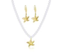 Lansora Pendant Necklace and Hook Earrings Set Stainless Steel Seashell Conch Seahorse Starfish Charm Pearls Chain Adjustable Statement Necklace Ocean Beach Jewelry for Women, Stainless Steel, No