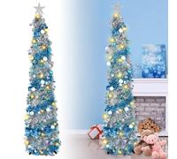 Lanstics Xmas Pencil Tree, 5 FT Blue Silver Collapsible Pop Up Christmas Tree with Decoration Balls for Home Party Indoor Decoration