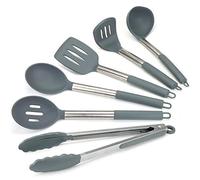 Lantana Silicone Kitchen Utensils Set (6pc), Cooking & Serving, Non-Stick | Includes tongs, serving and slotted spoons, turner, ladle, potato masher, sl rey and brushed stainless steel