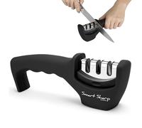 Lantana Smart Sharp Knife Sharpener - Professional 3 Stage Manual Sharpener for Sharpening Kitchen Knives - Ceramic Stone, Tungsten Carbide Plates, Diamond rods. Ergonomic Design, Black/Chrome Finish