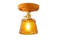LANTANB Modern Retro Semi Flush Mount Ceiling Light, Nordic Rubber Wood and Hammered Glass Lamp, Vintage Japanese Style Interior Lighting for Hallway, Entryway, Aisle, Porch(Green)