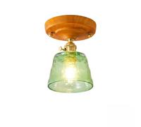 LANTANB Modern Retro Semi Flush Mount Ceiling Light, Nordic Rubber Wood and Hammered Glass Lamp, Vintage Japanese Style Interior Lighting for Hallway, Entryway, Aisle, Porch(Green)