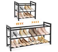 LANTEFUL Adjustable 18"-33" Expandable Shoe Rack for Closet 12 Pairs Small Spaces 3 Tier Shoe Organizer with 5 Hooks Metal Shoe Shelf for Entryway, Bedroom