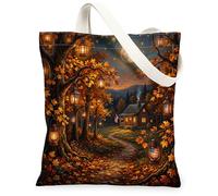 Lantern Canvas Tote Bag for Women, Fall Rustic Tree Leaves Fall Orange Washable Reusable Aesthetic Tote Bags for Shopping Brunch Park Library Day Trips 13x15 Inch