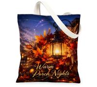 Lantern Canvas Tote Bag, Rustic Cozy Leaves Wheat Fall Orange Everyday Tote Bag 13x15 Inch, Orange, 13x15 Inch