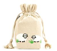 Lantern Moon Embroidered Drawstring Soft Cotton Knitting Bag - Craft & Project Accessories Holder, Natural & White Sheep, 28 x 29.2cm (11 x 11.5in)
