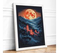 Lantern Path Under Red Moon Japandi Framed Wall Art Print A1 (84.1×59.4cm) White, Wall Decor for Living Room, Bedroom, Office & Home, Ready to Hang, Art Gift