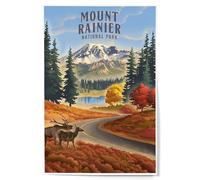 Lantern Press 12x18 Inch Art Print Wall Decor, Mt Rainier National Park, Washington, Lithograph, Paradise Road with Elk