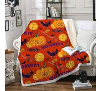 Lantern Pumpkin Print Soft Cozy Sherpa Fleece Blanket for Kids - Spooky Style Fluffy Red Throw Double Size - 150x200 cm Bat Print Thick Warm Blankets for Winter, Autumn, Bed, Sofa A175