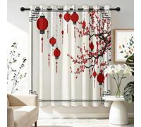 Lanterns and Winter Jasmine Small Blackout Curtains Chinese Style 3D Short Eyelet Thermal Insulated Curtains for Small Windows Kitchen 2 Panels Soundsproof Drapes W 46" x L 54" B.2330